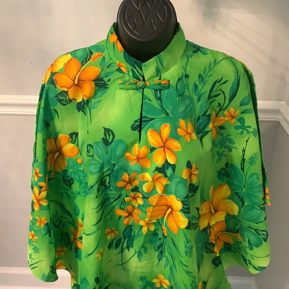 Vintage Royal Hawaiian Green & Orange Bold Floral Cape/Poncho OS